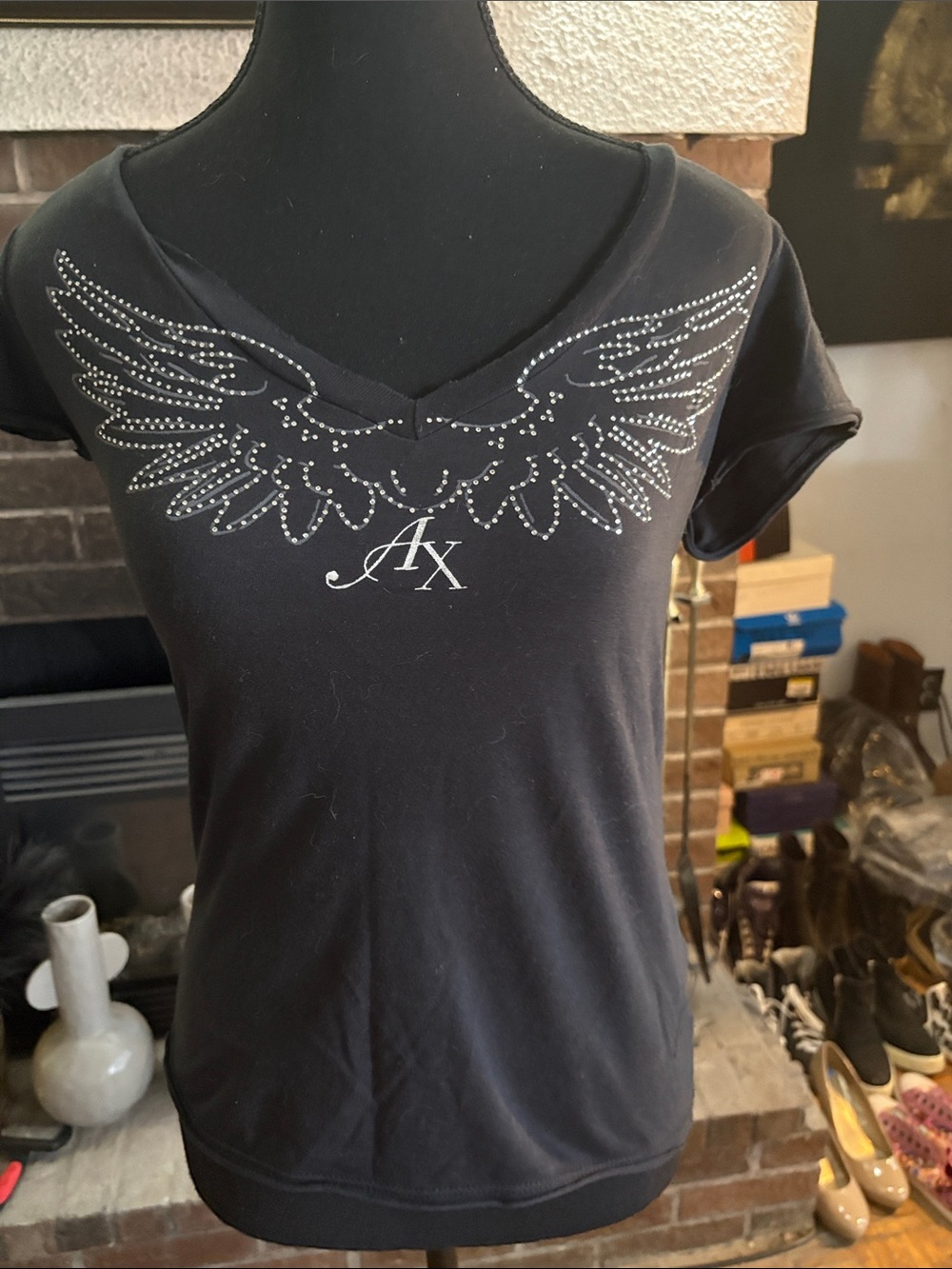 A/X Armani Exchange Black Short-Sleeve Rhinestone Wing V-Neck Tee